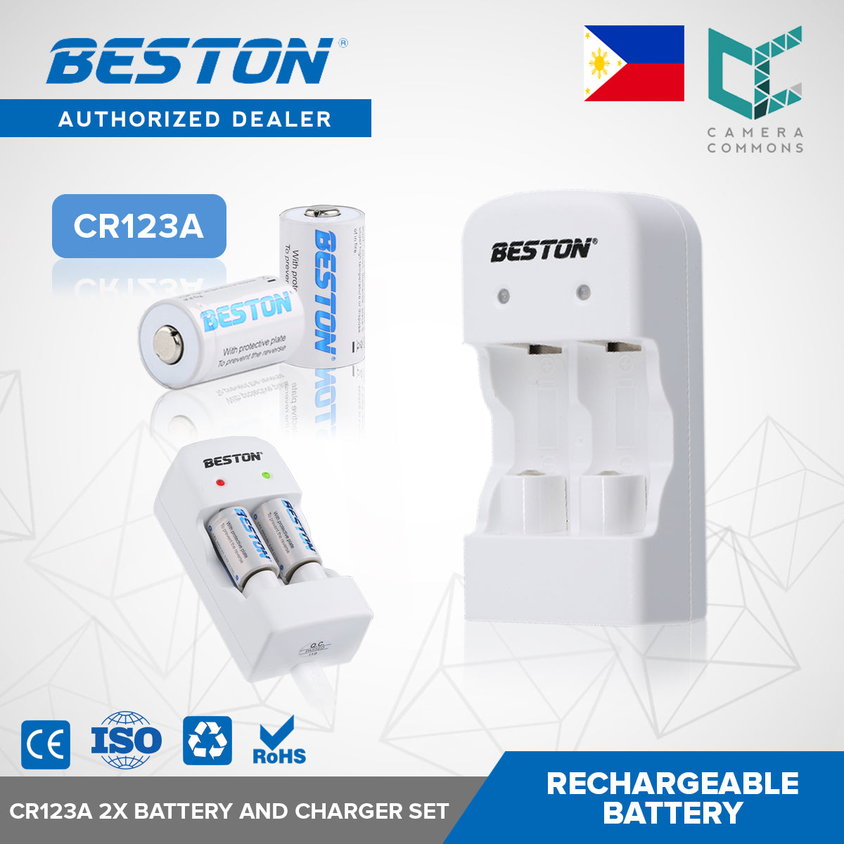 Beston CR123A 650mAh Rechargeable 2x Battery and Charger Set BST-CD643+CR123A