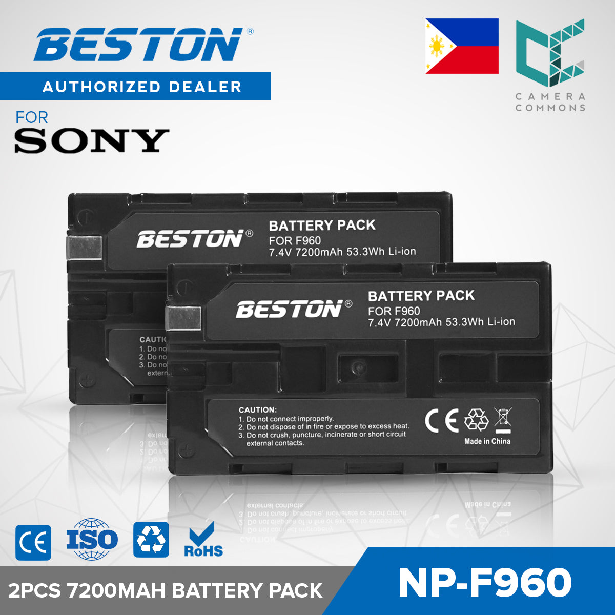 BESTON 2PCS 7.4V NP-F960 7200mAh 53.3Wh Li-ion Battery for Monitors, Outdoor lights and Other Devices NPF960 NP F960 F970
