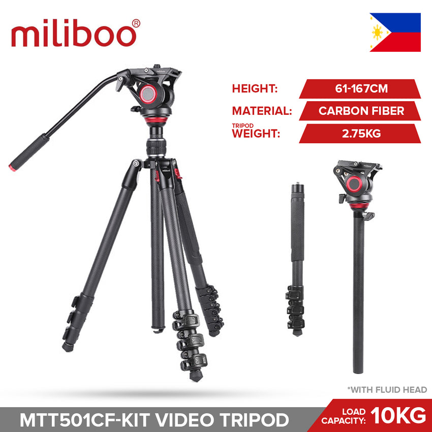 Miliboo MTT501CF KIT Professional Carbon Fiber Video Tripod with MYT801 Fluid Head for Videography