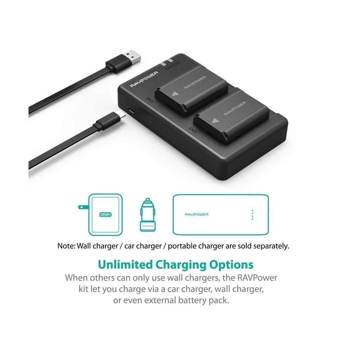 RAVPower NP-FW50 Camera Battery Charger with 2pcs Batteries Set for Sony Cameras NPFW50