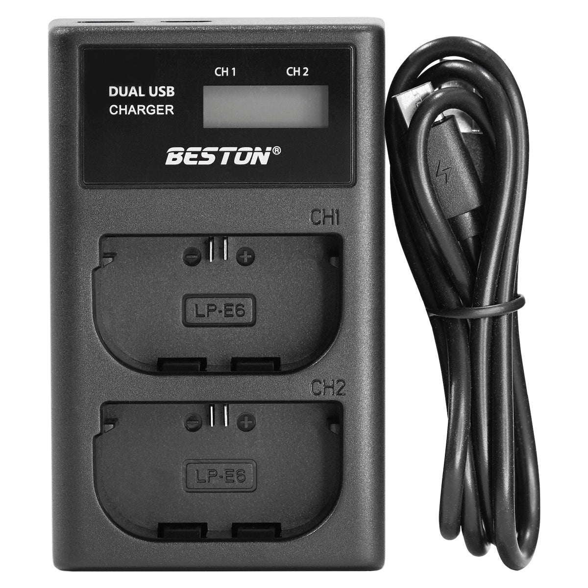BESTON LP-E6 LCD Dual USB Charger (Micro USB Type-C) for Canon Camera Batteries LPE6