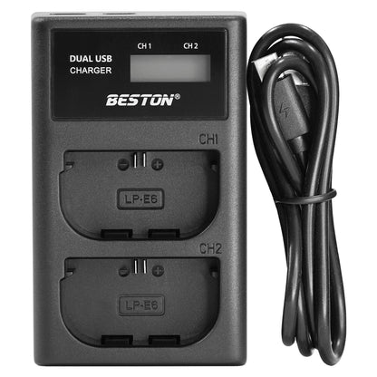 BESTON LP-E6 LCD Dual USB Charger (Micro USB Type-C) for Canon Camera Batteries LPE6
