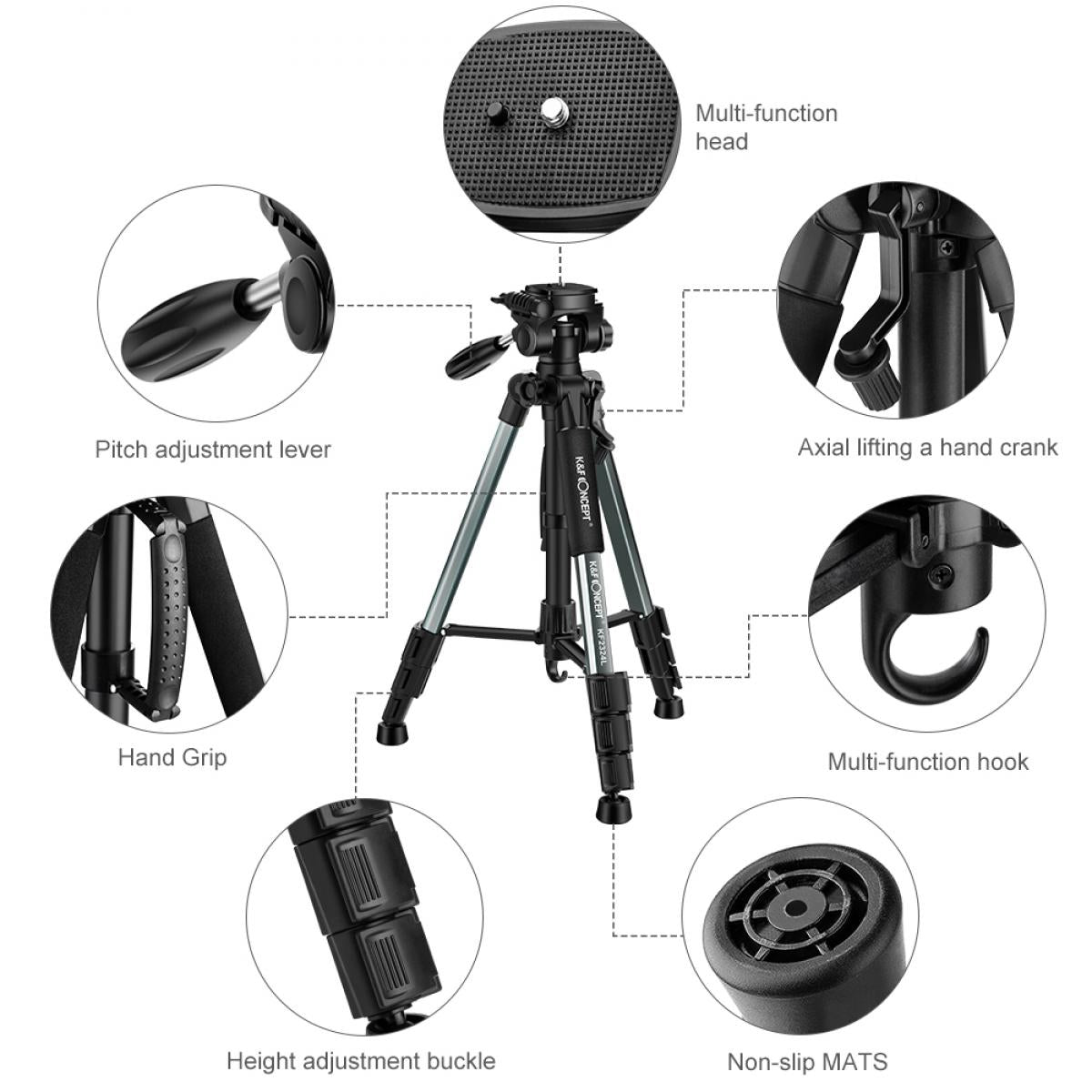 K&F Concept TM2324L 56inch Compact Tripod with Pan Ball Head Gray 56 Professional Travel Tripod for DSLR Camera Camcorder Mirrorless KF09.048V1