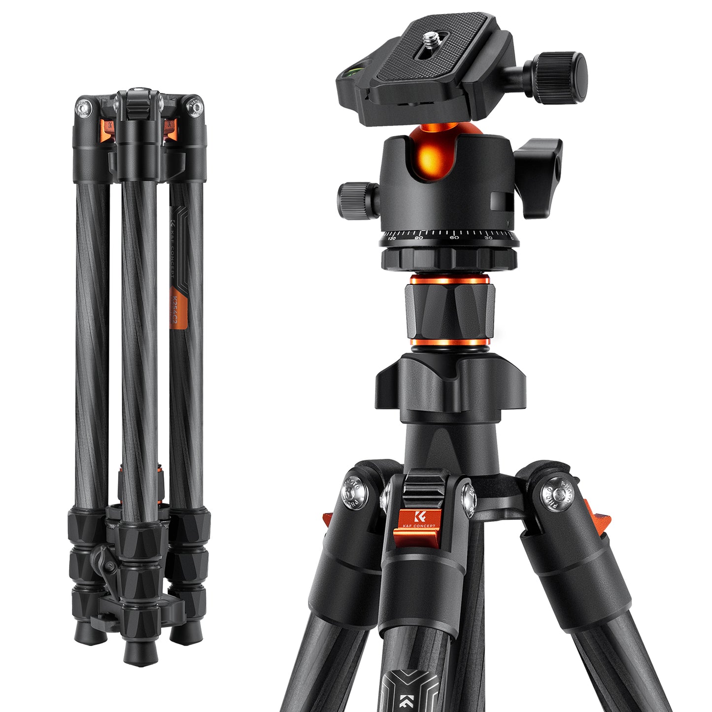 K&F Concept K254C2+BH-36L 64" Carbon Fiber Lightweight Travel Tripod with 36mm Ball Head Quick Release Plate KF09.123
