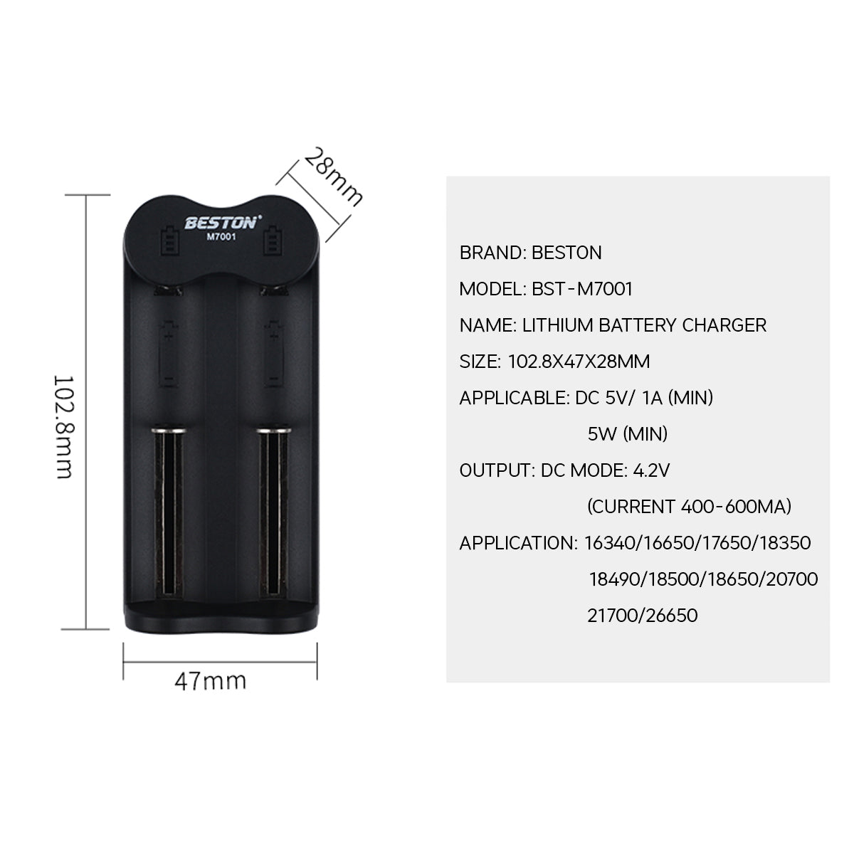 Beston M7001 2-Bay Battery Charger for 20700 / 21700 / 26650 3.7 V Rechargeable Battery BST-M7001