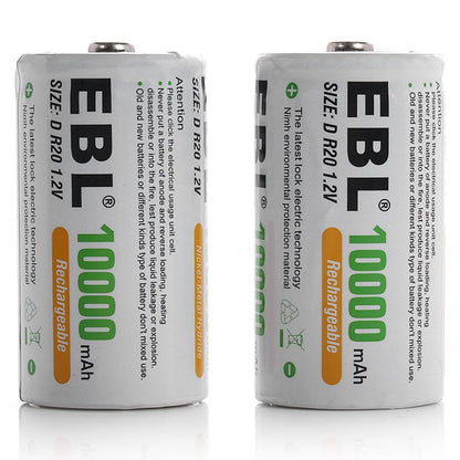 EBL 2 Pack 1.2V D Size D Cell 10000mAh Rechargeable battery - Ni-MH NiMH Camera Commons PH