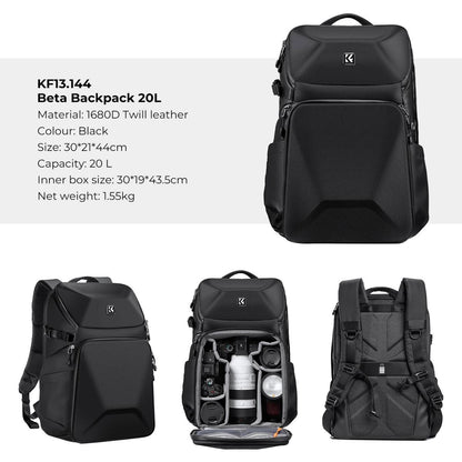 K&F Concept Golem 20L Large Camera Backpack Waterproof Bag Front HardShell 15.6" Laptop Compartment Tripod Holder for Photographers Black Dark Blue KF13.144