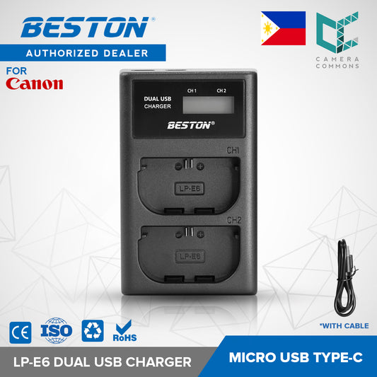 BESTON LP-E6 LCD Dual USB Charger (Micro USB Type-C) for Canon Camera Batteries LPE6