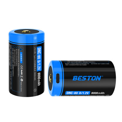 2pcs Beston 8000mAh D Size Type C 1.2V Ni-MH Rechargeable Battery with Micro USB Input BST-DNC-80
