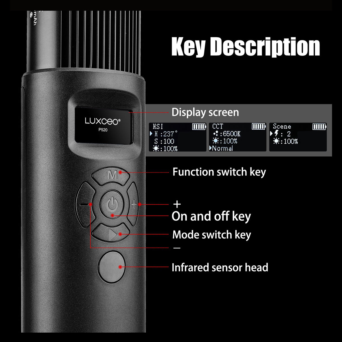 LUXCEO P520 RGB LED Light Wand Stick With Barndoor Built-in Battery 36 Colors Studio Tiktok Lighting