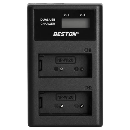 BESTON NP-W126 LCD Dual USB Charger (Micro USB Type-C) for Fujifilm Batteries NPW126
