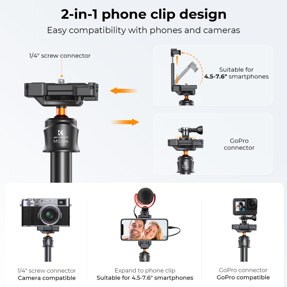 K&F Concept MS04 62'' 1.58m Phone Tripod Selfie Stick with Bluetooth Remote Control + GoPro Adapter