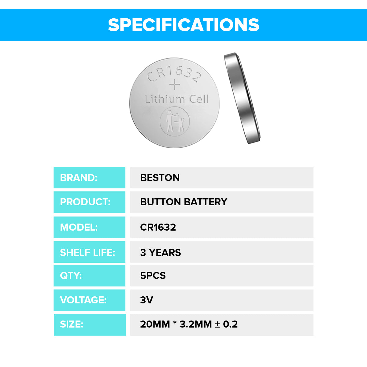 Beston CR1632 Button Cell Lithium Battery Li-ion Coin 3V 3 Volts (Pack of 5)