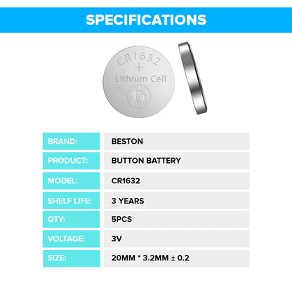 Beston CR1632 Button Cell Lithium Battery Li-ion Coin 3V 3 Volts (Pack of 5)