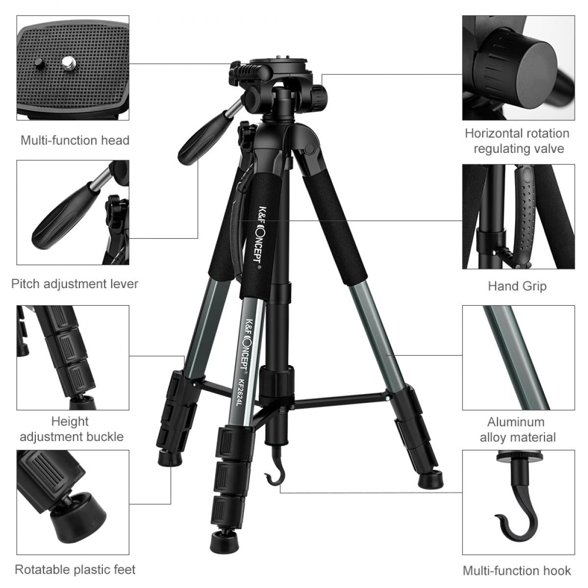 K&F Concept TM2624L 70inch Tripod with 3-Way Pan Tilt Head Gray