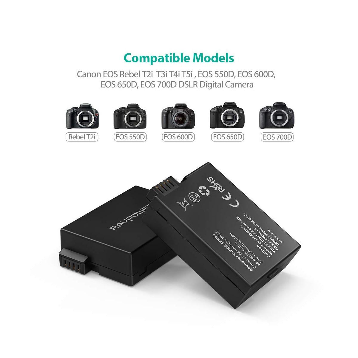 RAVPower LP-E8 Camera Battery Charger with 2pcs Batteries Set for Canon Cameras LPE8