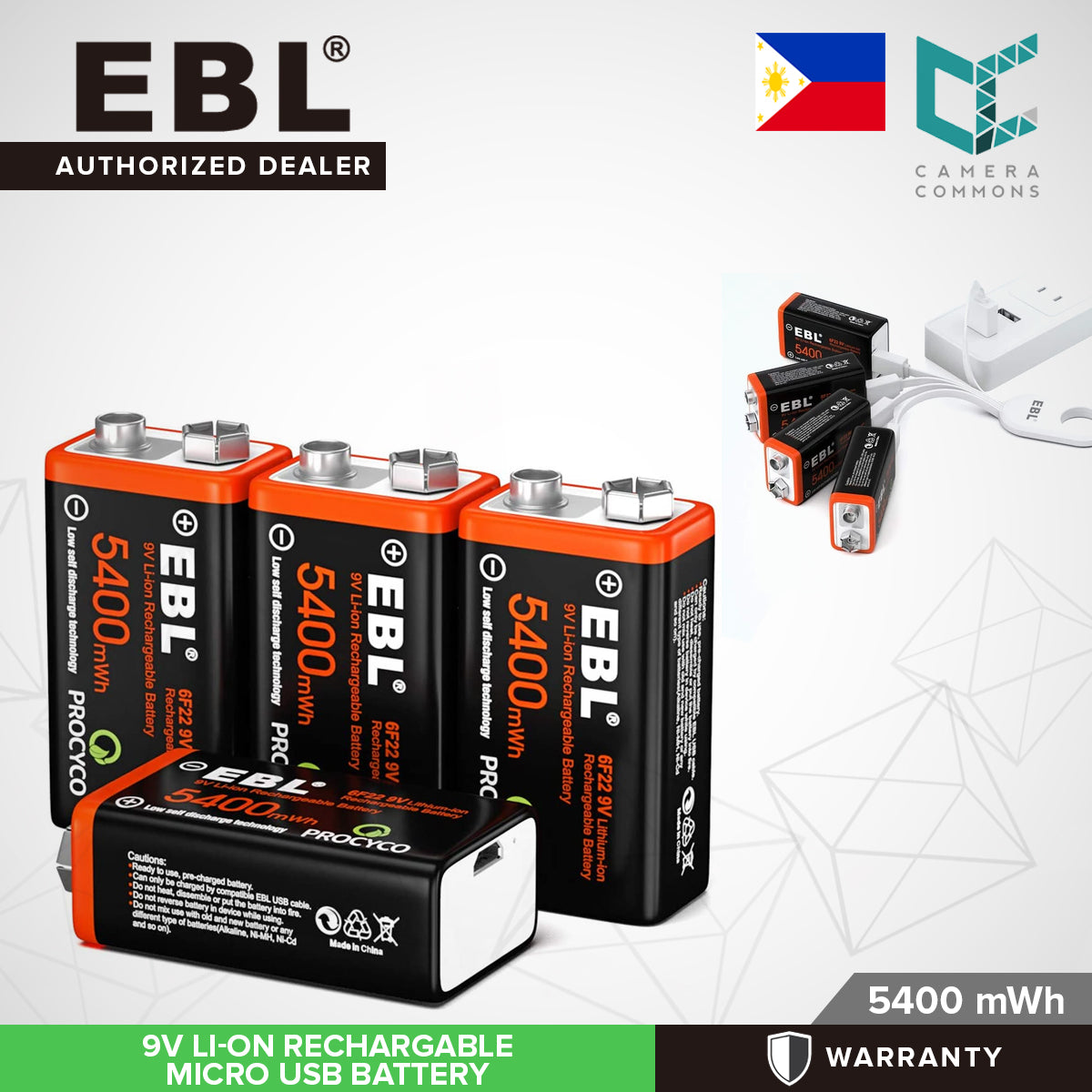 EBL USB Rechargeable 9V Lithium Batteries - 5400mWh Long Lasting LI-ion Batteries with Micro Charging Cable - Quick Charge in 2 Hours (4 Pack)
