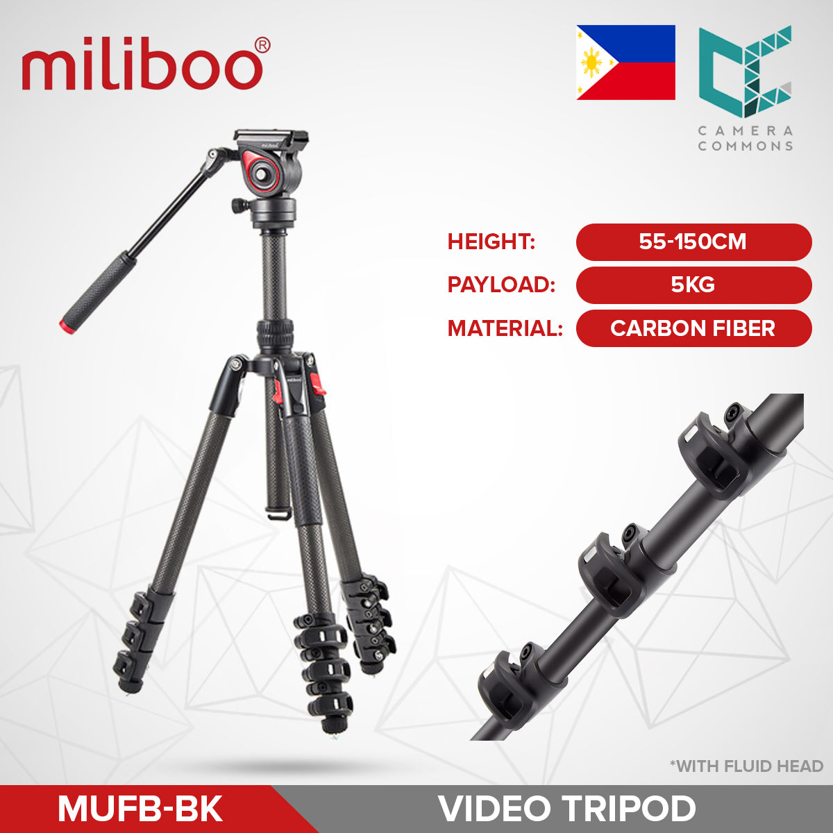 Miliboo MUFB-BK Carbon Fiber Travel Tripod Kit with Fluid Head Flip Lock