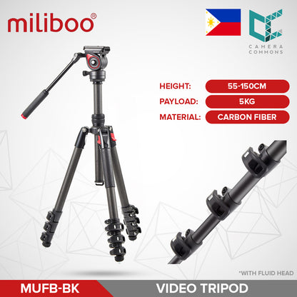 Miliboo MUFB-BK Carbon Fiber Travel Tripod Kit with Fluid Head Flip Lock