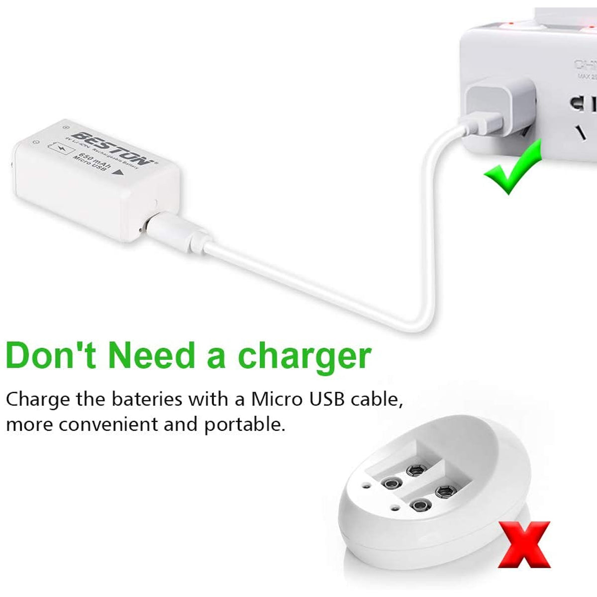 BESTON 9V Rechargeable Batteries, 650mAh Li-ion Rechargeable 9 Volt Battery with Micro USB Charging Port