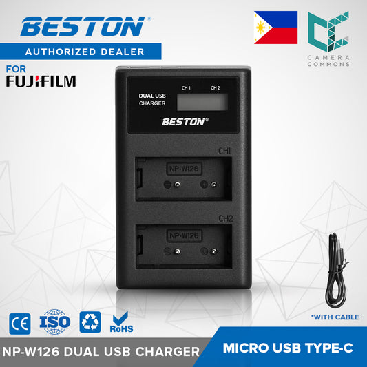 BESTON NP-W126 LCD Dual USB Charger (Micro USB Type-C) for Fujifilm Batteries NPW126