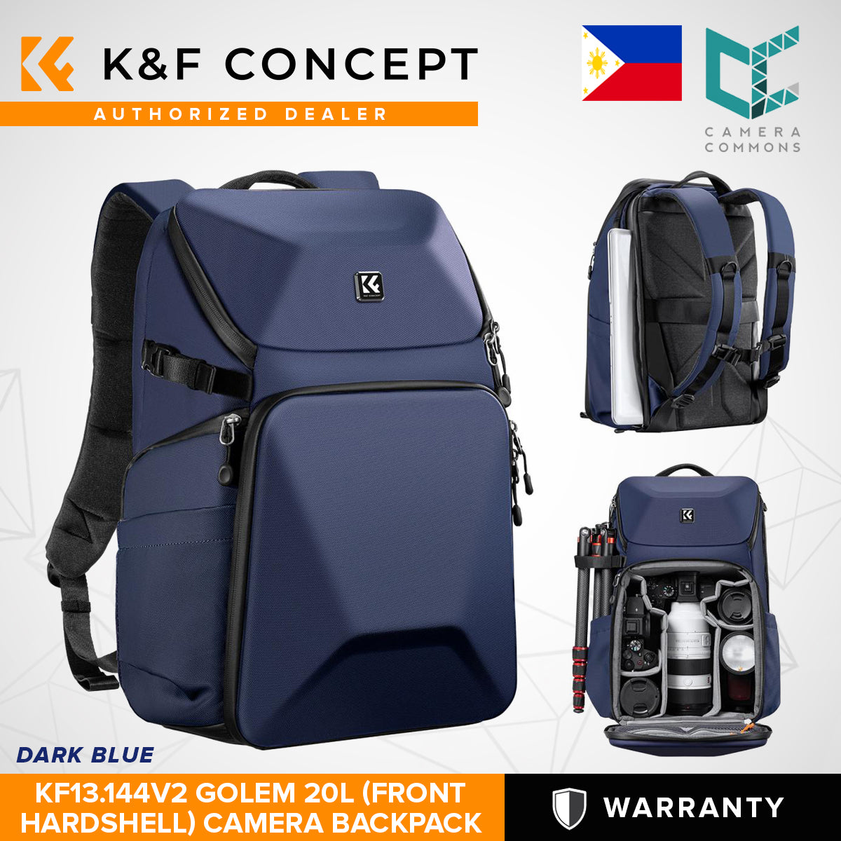 K&F Concept Golem 20L Large Camera Backpack Waterproof Bag Front HardShell 15.6" Laptop Compartment Tripod Holder for Photographers Black Dark Blue KF13.144