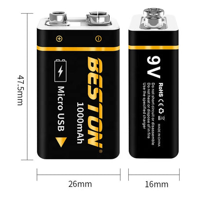 Beston 9V 1000mAh Micro USB Rechargeable Li On Battery 6F22