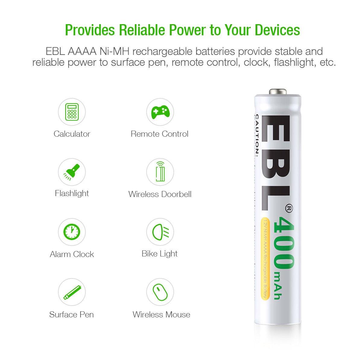 EBL 4 Pack 1.2V AAAA Size 400mAh Rechargeable battery - Ni-MH NiMH Camera Commons PH 400 Mah
