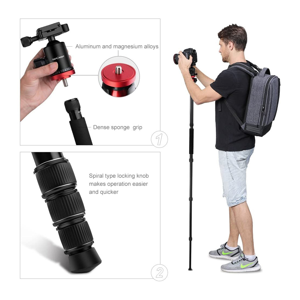 K&F Concept TM2534T DSLR Camera Tripod 66 Inch Portable Magnesium Aluminium Monopod 4 Section with 360 Degree Ball Head