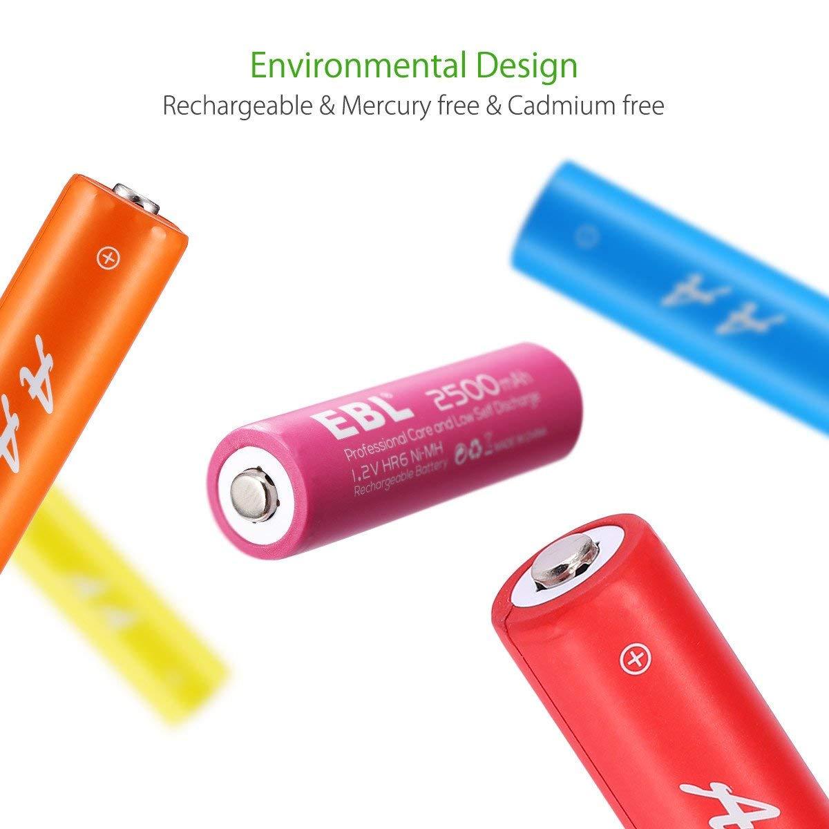 EBL Multi Color 10 Pack 1.2V AA Size 2500mAh Rechargeable battery - Ni-MH NiMH Multicolor 10 pc Batteries Camera Commons PH