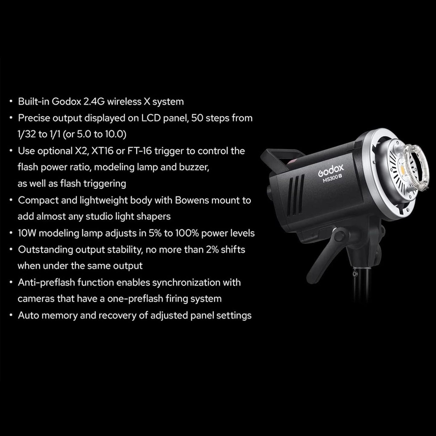 Godox MS300 MS300V Monolight Studio Flash Strobe Light Monolight 300Ws Max Godox 2.4G Wireless X System GN58 5600K with 150W Modeling Lamp Bowens Mount for Indoor Studio Photography
