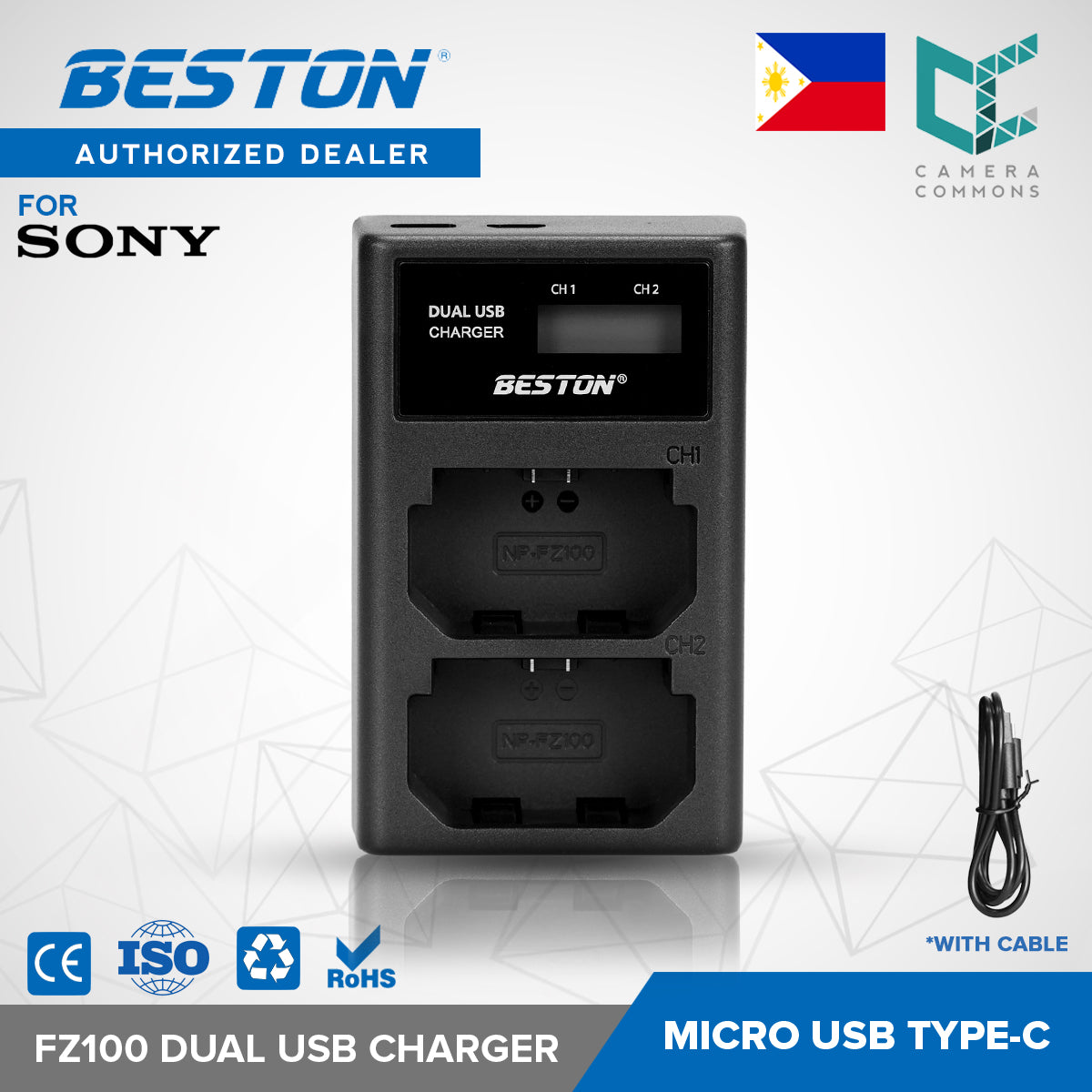 BESTON FZ100 LCD Dual USB Charger (Micro USB Type-C) for Sony Camera Batteries NP-FZ100 NPFZ100