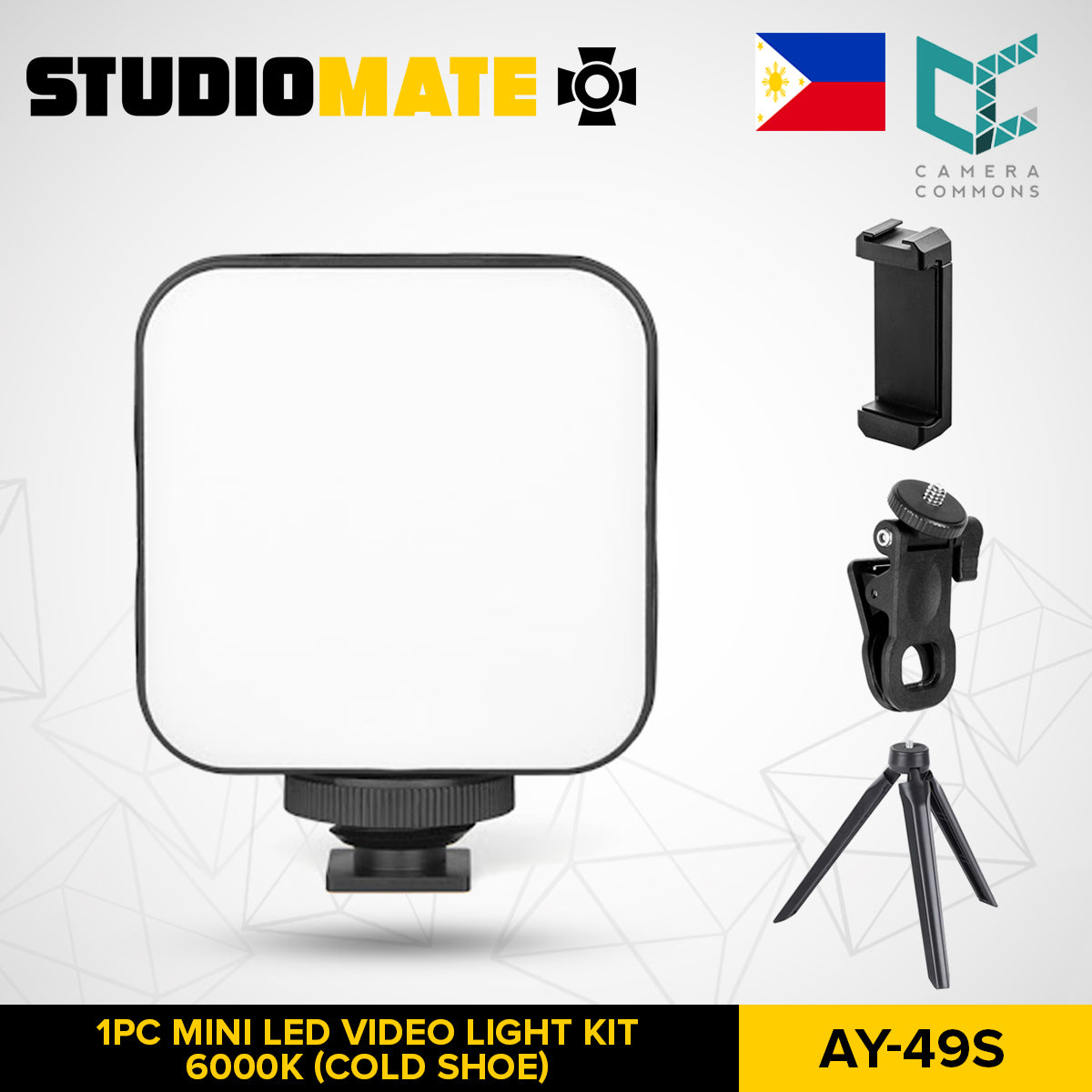STUDIOMATE AY-49S WL-R1 RGB Mini LED Video Light Square with Cold Shoe Mount Adapter Kit Fill-in Lamp Portable Lightweight