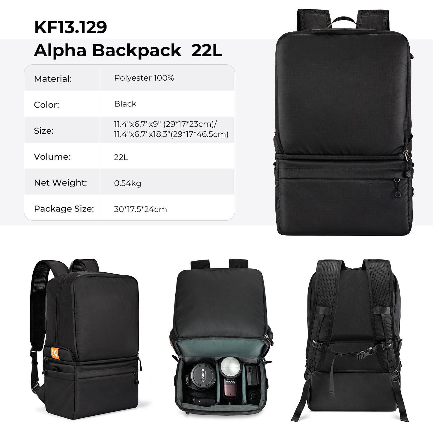 K&F Concept KF13.129 Alpha Collapsible Camera Bag 2 Way 22L for Photographers Business Trip Travel Everyday Bags Black
