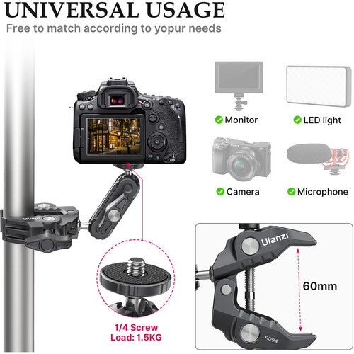 Ulanzi R094 Super Clamp with 2.6" Ball Head Arm Mount Wingnut Fasteners Photo Camera Equipment 2638