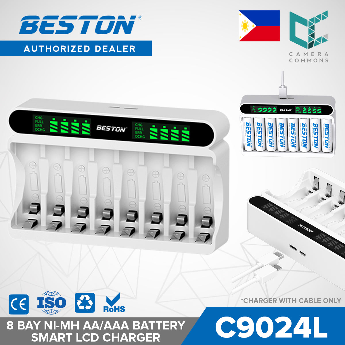 Beston C9024 LED C9024L Smart LCD 8 Bay Charger with Cable for Ni-MH AA AAA Battery