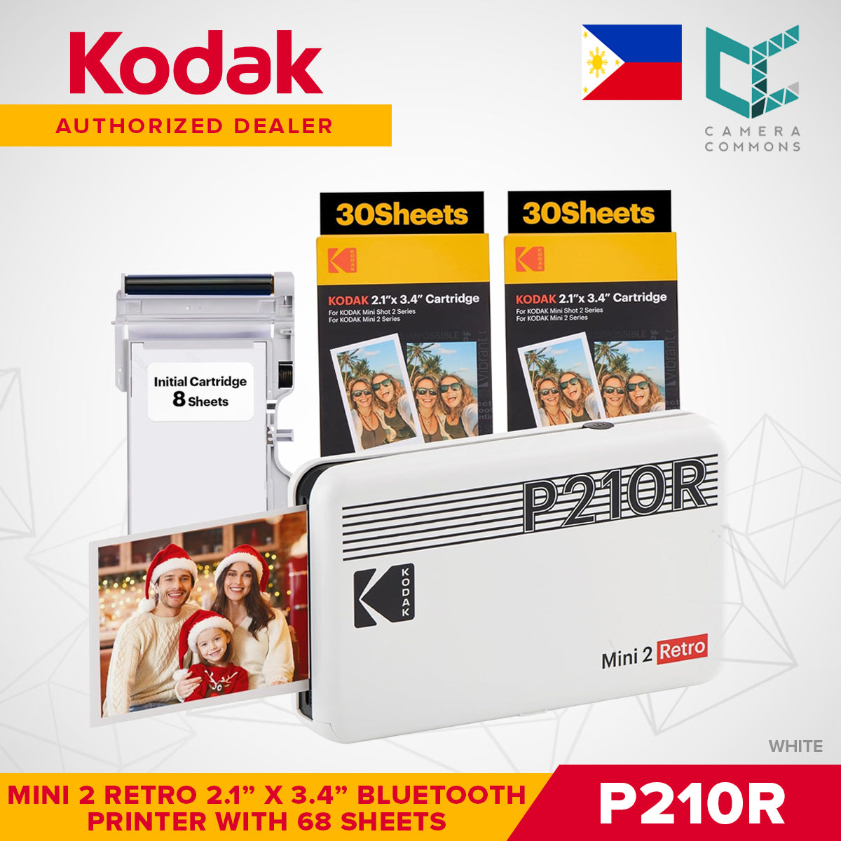 Kodak Mini 2 Retro 2.1"x3.4" Bluetooth Photo Printer Set 4PASS Borderless Print P210R