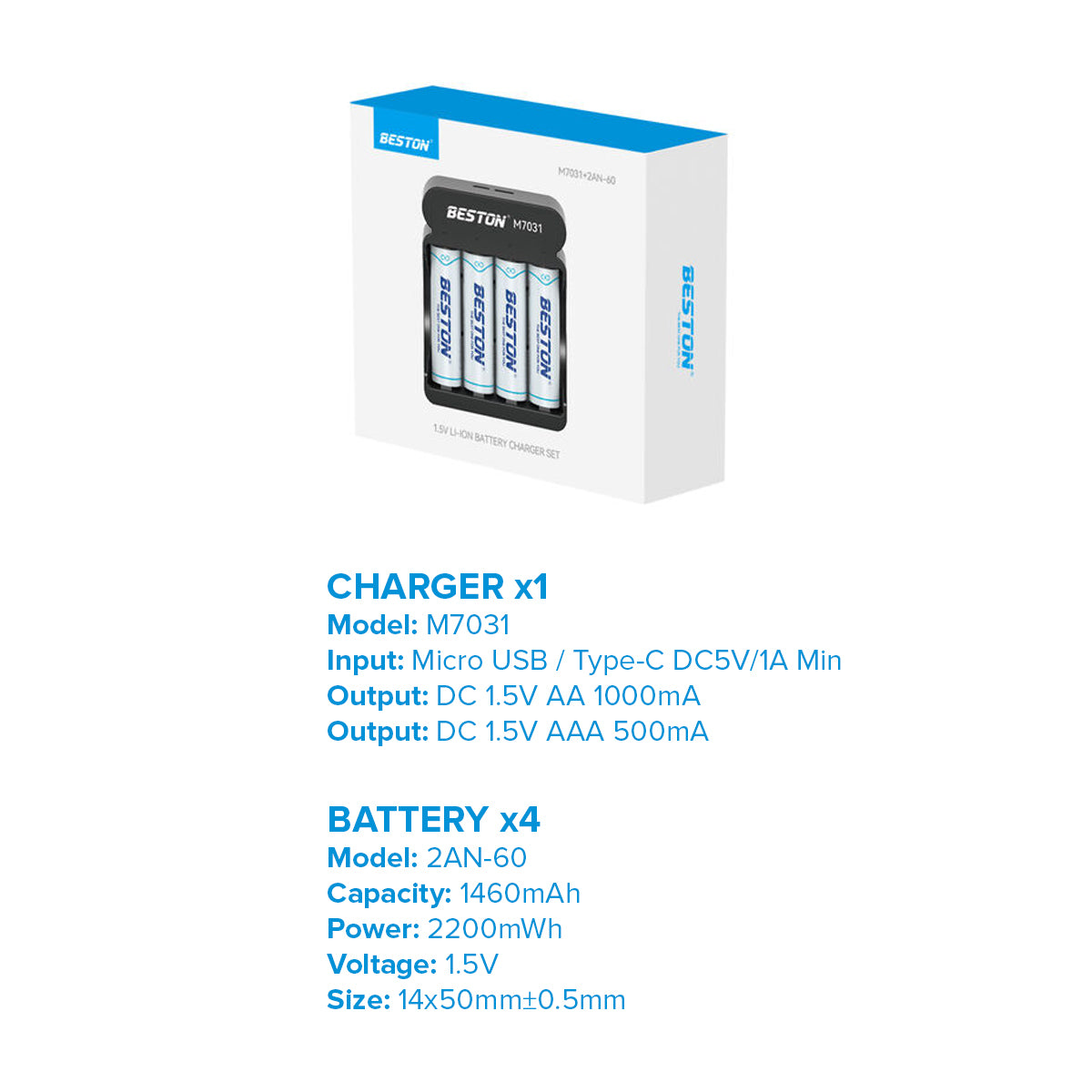 Beston M7031 4 Bay 1.5V AA AAA Lithium Li-ion Smart LED Battery Charger Type C