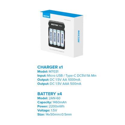 Beston M7031 4 Bay 1.5V AA AAA Lithium Li-ion Smart LED Battery Charger Type C
