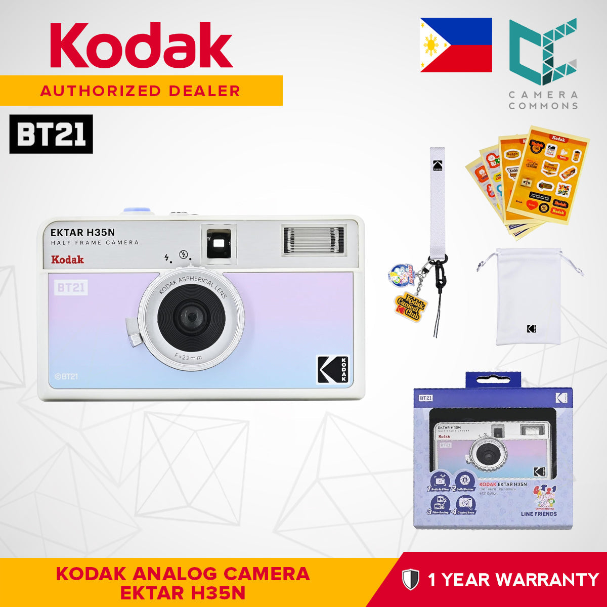 Kodak Ektar H35N x BT21 Limited Edition 35mm Half-Frame Reusable Film Analog Camera Package with BTS Line Friends
