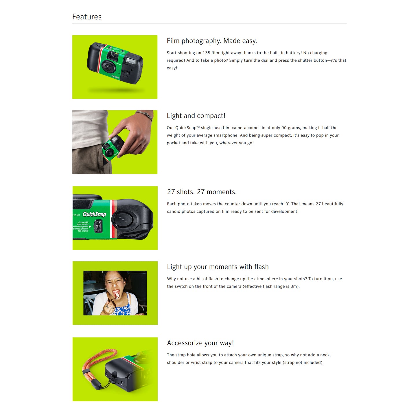 FUJIFILM QuickSnap Disposable Camera One-Time-Use Superia XTRA 400 Color Negative Film 27 Exposures