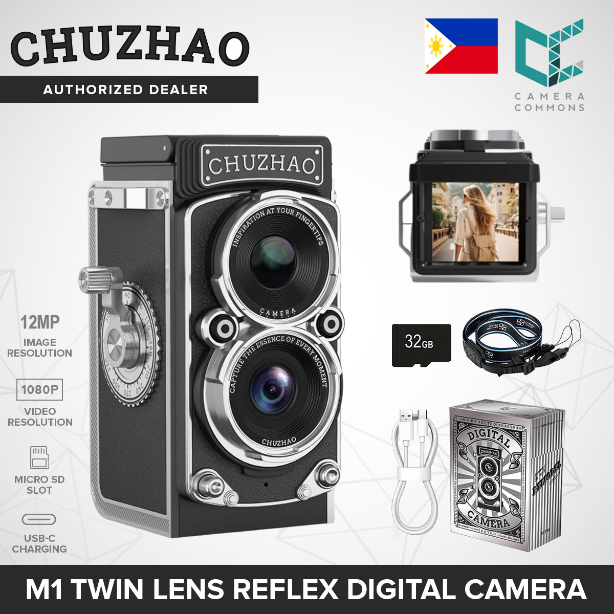 CHUZHAO M1 Digital Camera Twin Lens Reflex Point and Shoot 12MP Mini Vintage Retro Style 1080p USB-C