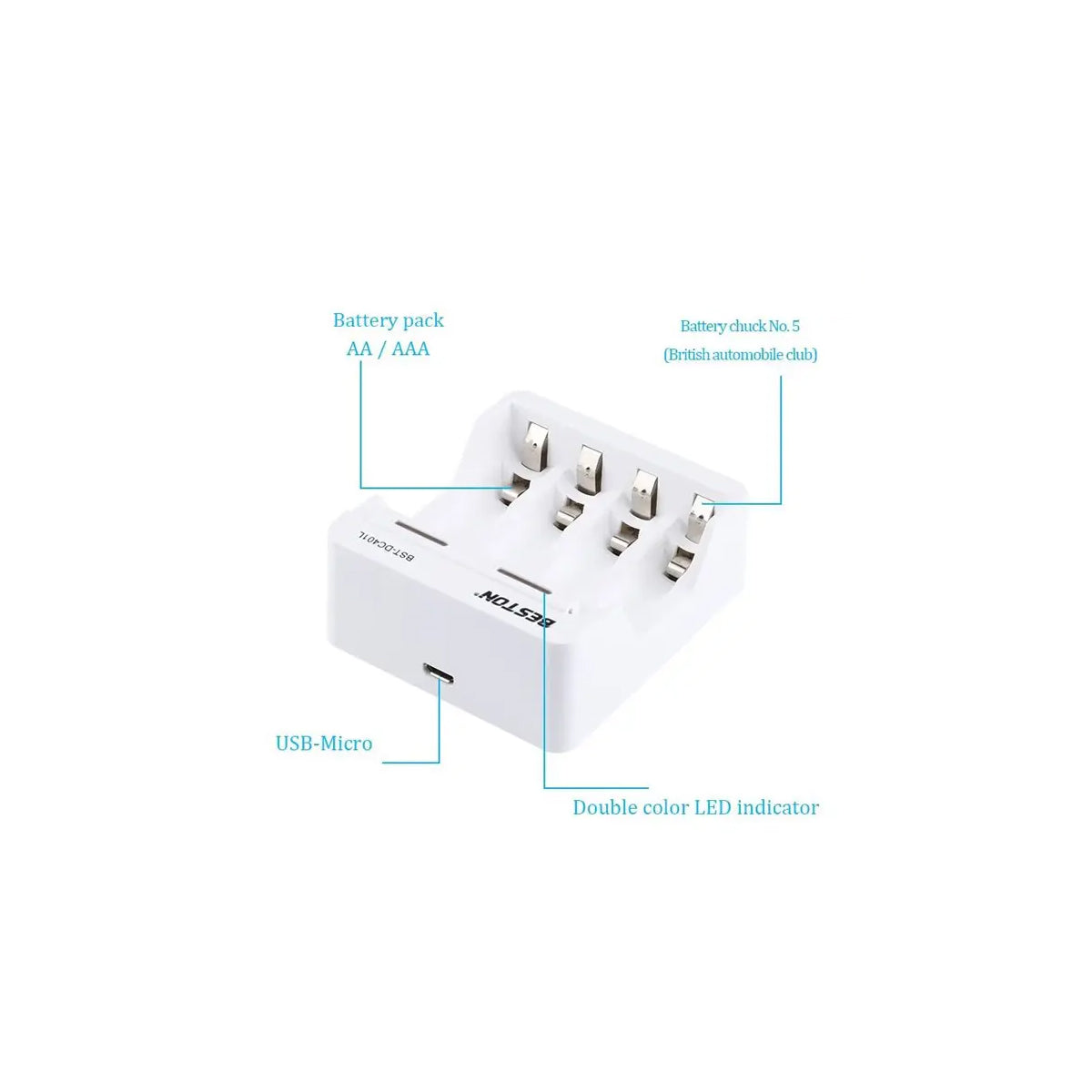 Beston DC401L 4 Bay AA / AAA 1.2V NI-MH / NI-CD Battery LED Charger Micro USB Port BST-DC401L