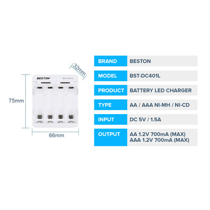 Beston DC401L 4 Bay AA / AAA 1.2V NI-MH / NI-CD Battery LED Charger Micro USB Port BST-DC401L