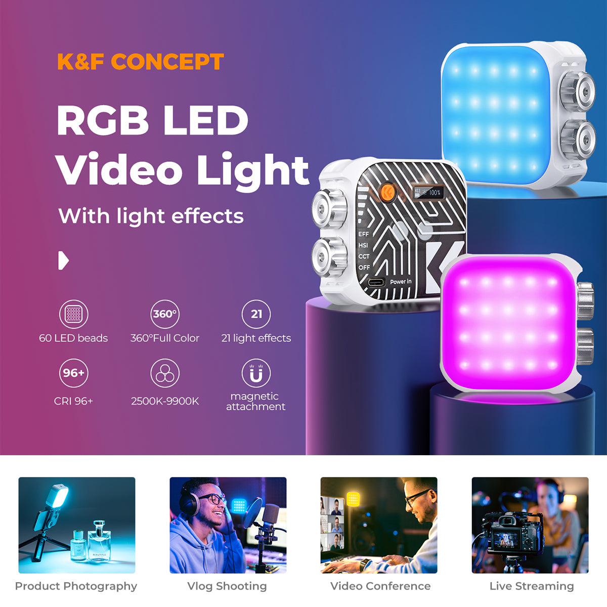 K&F Concept LED Video Light Square CRI 96+ 2500K-9900K 2000mAh Studio Equipment (Bi-color/RGB)