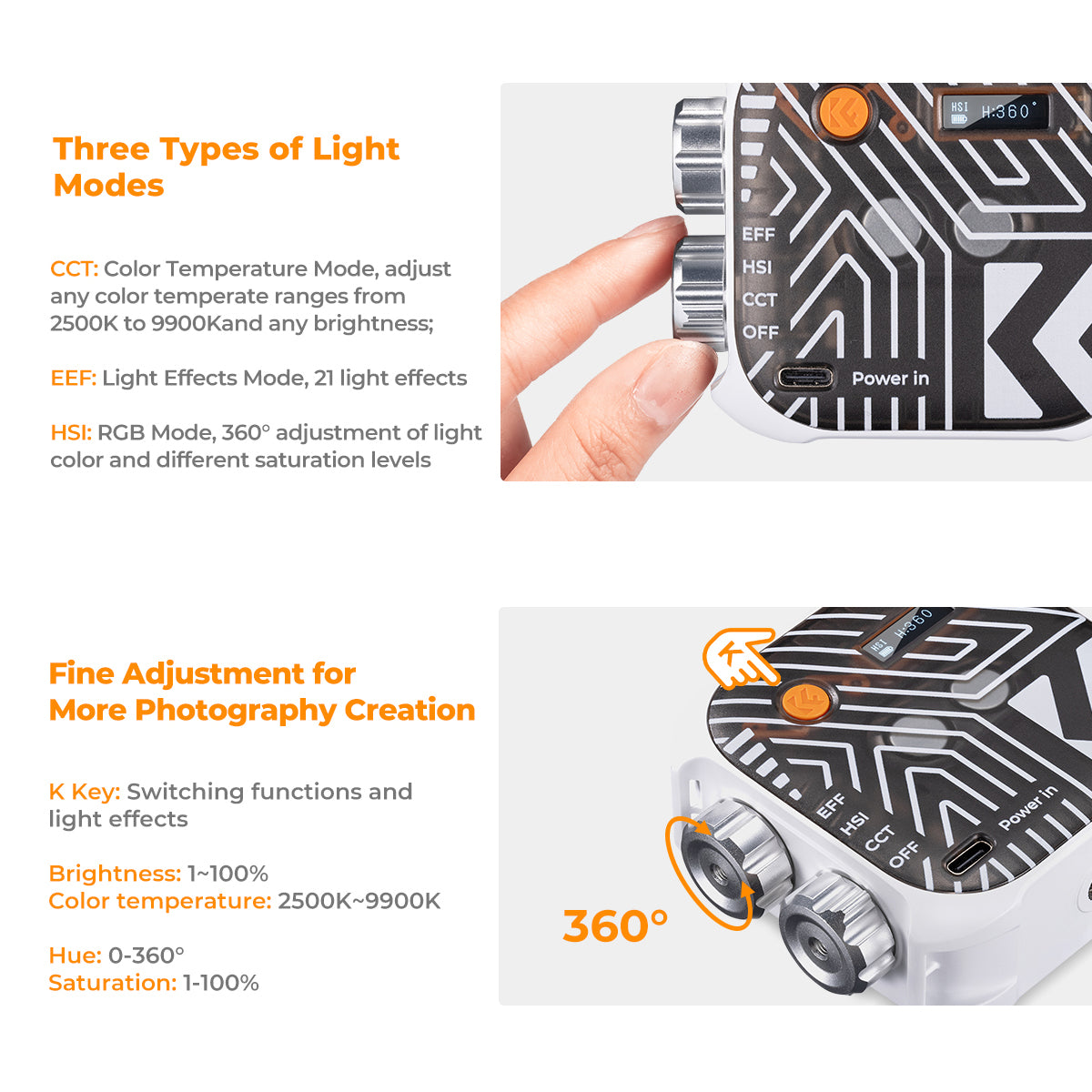 K&F Concept LED Video Light Square CRI 96+ 2500K-9900K 2000mAh Studio Equipment (Bi-color/RGB)