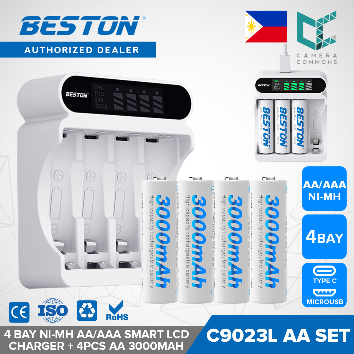 Beston C9023 LED C9023L Smart LCD 4 Bay Charger with Micro USB Cable for Ni-MH AA AAA Battery