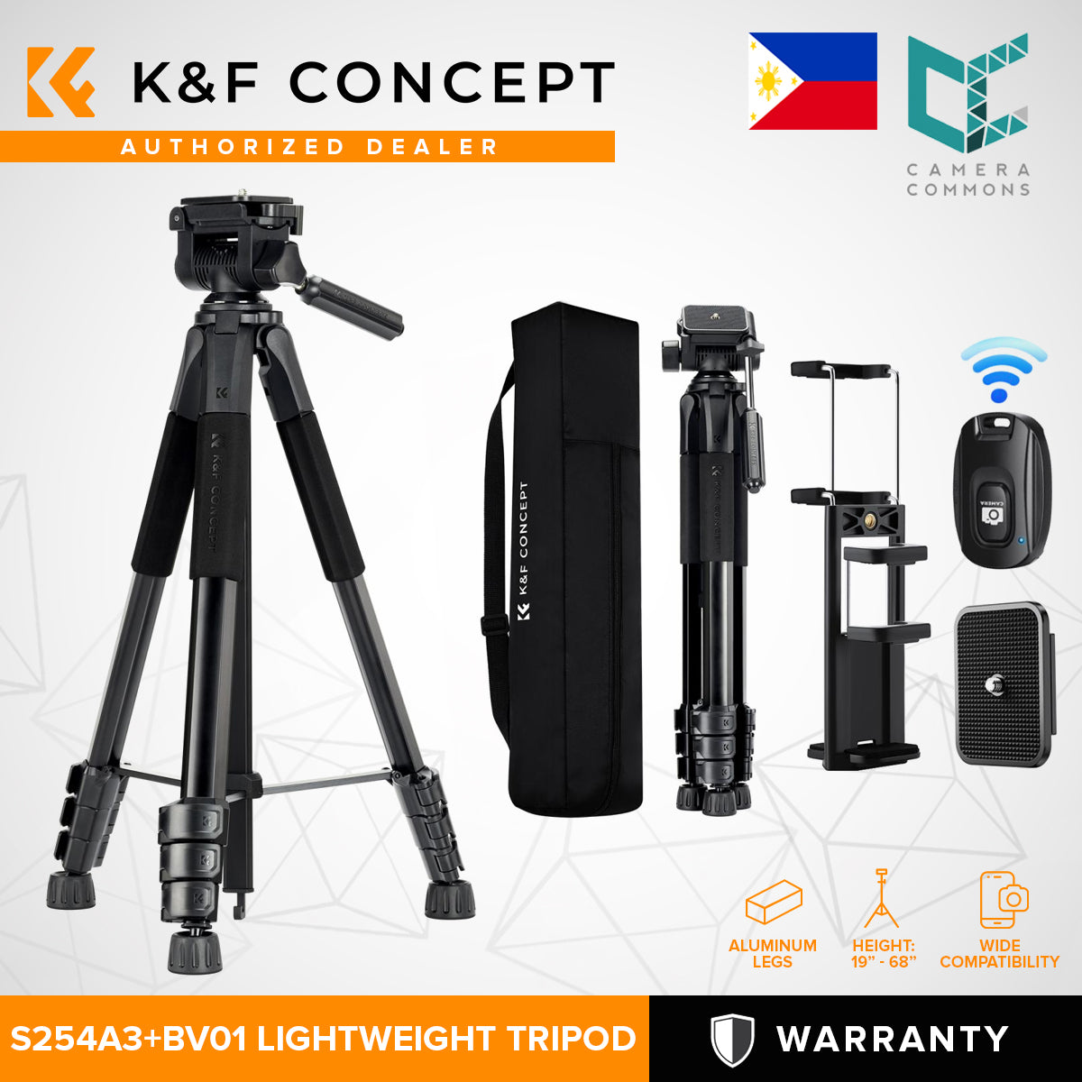 K&F Concept S254A3+BV01 Tripod 68" Lightweight Portable Travel Outdoor DSLR