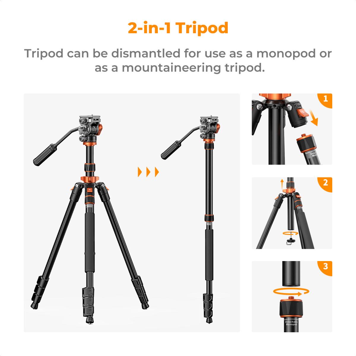 K&F Concept 2 in 1 Video Tripod Monopod with FH-03 Fluid Head K234A7 / O255C4