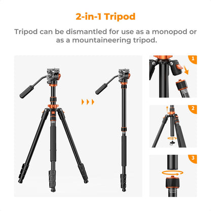 K&F Concept 2 in 1 Video Tripod Monopod with FH-03 Fluid Head K234A7 / O255C4